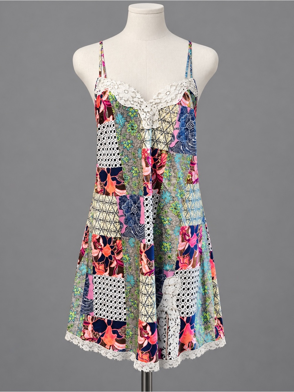 Victoria’s Secret Patchwork Lace Trim Crossback Negligée Slip Dress Large